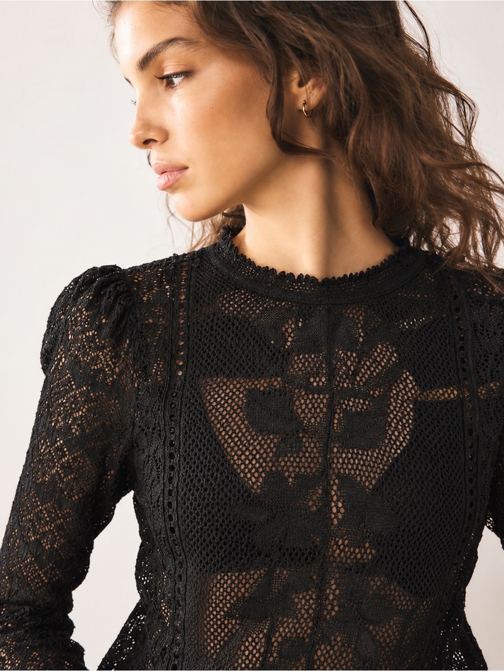 Zara Black Mixed Lace 40% Cotton Puff Sleeve Sheer Top Size M